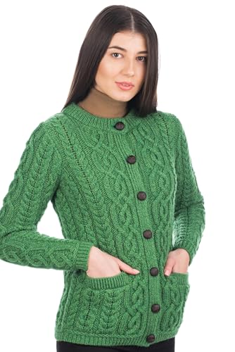 Image of SAOL 100% Merino Wool Ladies Irish Buttons Knit Cardigan Lumber Jacket with Pockets