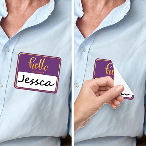 Image of 180 PCS Hello My Name is Name Tag, Gold Foil Name Tags Sticker, 2.5 x 3 Inch Large Name Labels, Purple Adhesive Name Tag Labels for Business, Party - Office, School, Home