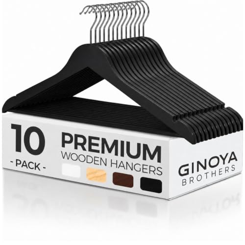 Image of GINOYA BROTHERS Walnut Wooden Suit Hangers 24 Pack with Non Slip Pants Bar - Smooth Finish Solid Wood Coat Hanger for Camisole, Jacket, Pant, Dress Clothes Hangers (Black: 10)