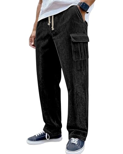 Men's Corduroy Cargo Pants Elastic Waist Drawstring Casual Pant Lightweight Relaxed Fit Sweatpants Trousers