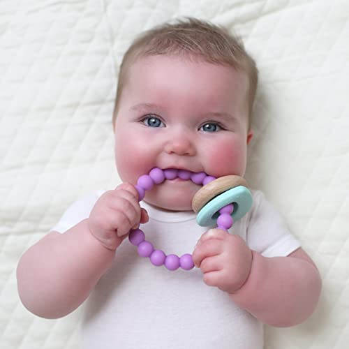 Nuby Natural Wood & Silicone Teether: 3 M+, Heart Bracelet, Pink (80679)