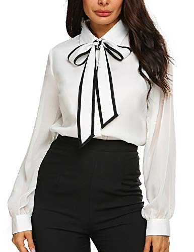 Womens Chiffon Blouses Elegant Casual Bow Tie Neck Long Sleeve Office Work Blouses