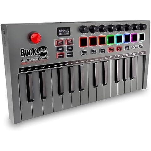 RockJam, Go 25 Key USB and Bluetooth MIDI Keyboard Controller with 8 Backlit Drum Pads, 8 Knobs, One-Size (RJMK25) Cover
