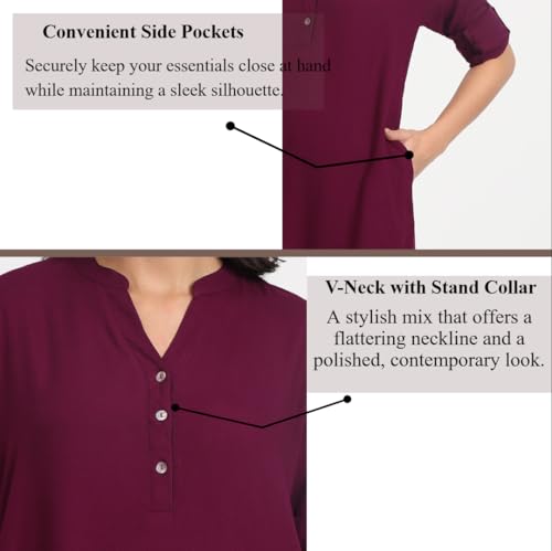 Image of Women's Roll-Up Sleeve Tunic Top, V-Neck with Button Front, Side Pockets, Rayon Short Kurti