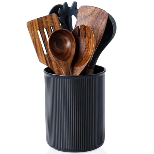 Image of LoeJan Utensil Holder, Extra Large Utensil Crock, Stable Ceramic Utensil Organizer, Cooking Tool Organizer Set for Kitchen Counter Farmhouse Decor, Matte Black