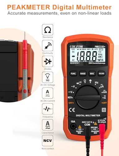 Digital Multimeter with Automatic Range Selection, Multifunction Tester that Measures AC/DC Voltage, AC/DC Current, Resistance, Continuity, Capacitance, Frequency and Diode Tests, Data Retention and