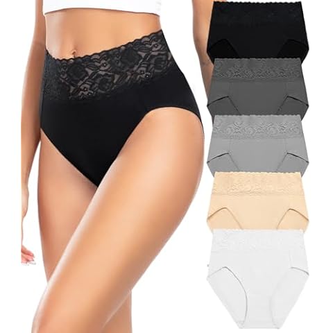 Wealurre Womens Underwear Cotton Bikini Panties for Women High Waisted Lace Hipster Stretch Briefs for Ladies 5 Pack(6005XXL,Grey) Cover