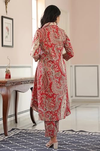 Image of Women's Red Printed A-Line Kurta with Pant Set | Soft Rayon Fabric | Stylish Collar Neck & 3 /4 Sleeves | Kurti Set