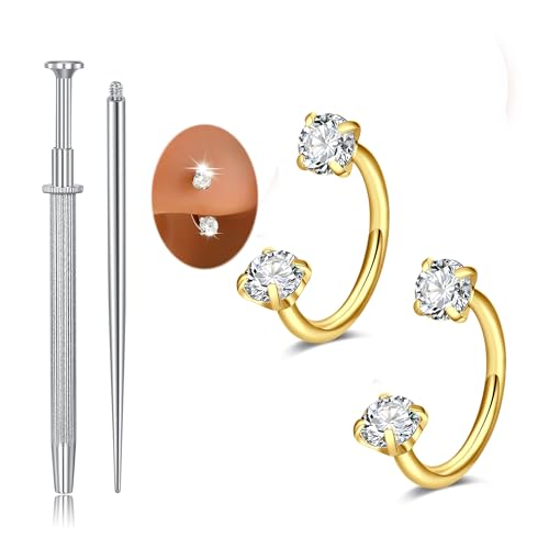 MODRSA Gold Horseshoe Nose Ring 20g Double Gem Horse Shoe Nose Ring Hoop for Women Surgical Steel Half Hoop U Shape Tragus Earring Hoops Labret Lip Helix Piercing Jewelry Septum Rings 20 Gauge 2pcs