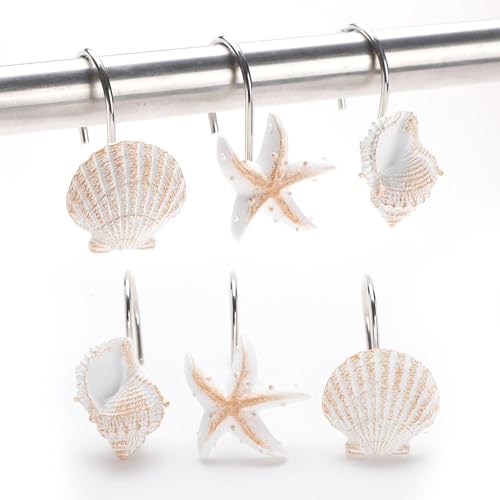 Seashell Shower Curtain Hooks 12PCS Anti Rust Decorative Resin Hooks for Kids Room Bathroom Bedroom Living Room Decor (Seashell)