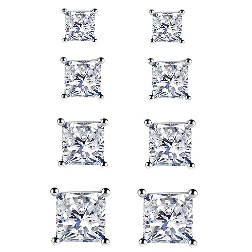 925 Sterling Silver Stud Earrings, 4 Pairs Square Cubic Zirconia Stud Earrings Set for Women Men 3 4 5 6mm