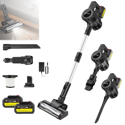 Qimu Akku Staubsauger 500W 45000Pa 45Min Akkustaubsauger Kabellos mit Licht, Anti-Tangle-Bürste, Superleise Selbststehend Akkusauger für Tierhaare Teppiche Hartböden (Akku Staubsauger mit 2 Akku)