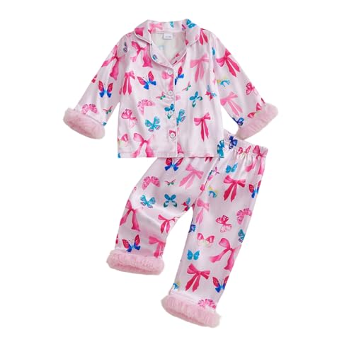 Image of Kuriozud Kids Toddler Girl Satin Pajamas Fuzzy Trim Long Sleeve Button Down Shirt Top and Pants 2pcs Pjs Sets Sleepwear