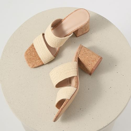Image of Ancomafio Heeled Sandals for Women Raffia Sandals 2025 Chunky Block Heels Square Open Toe Heels Double Strap Summer Dressy Shoes Slip On