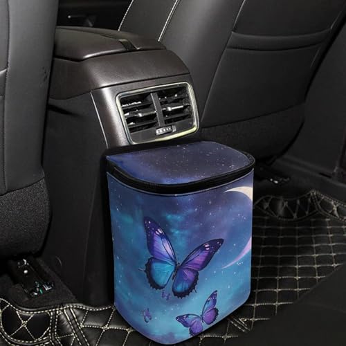 Image of Talayituse Butterfly Moon Cloud Galaxy Print Car Trash Can with Lid, Leak Proof Auto Trash Bag Hanging Vehicle Garbage Can Multipurpose Storage Container for Back Seat Road Trip