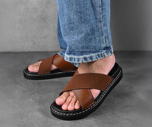 Image of LOUIS STITCH Tan Comfortable Men's Sandals | Lightweight Casual Cross Strap Slip-On Sandals| Everyday Wear Sandals with PU Cushion Sole | LSOF-22-TN