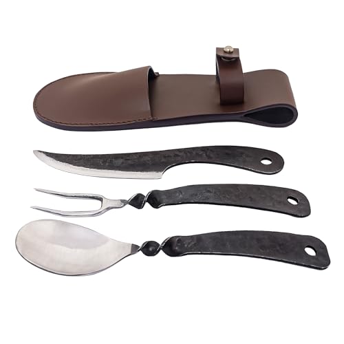 Lord of Battles Rustikales Wikinger-Besteck-Set, Mittelaltermesser, Gabel, Löffel mit Echtledertasche, handgeschmiedetes Feating Set