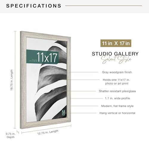 MCS Studio Gallery 11x17 Picture Frame Gray Woodgrain, Rectangle Photo Frame for Photos, Posters & Art Prints (1-Pack)