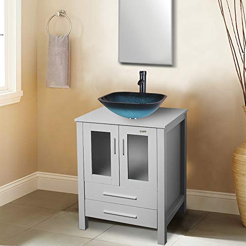 24 Grey Bathroom Vanity,Tempered Glass Vessel Sink Combo,Style Sink,1.5 GPM Faucet Oil Rubbed Bronze,Bathroom Vanity Top with Sink Bowl,20 inch Deep, 30% Water Saving Faucet/U-Eway (B02GA10)