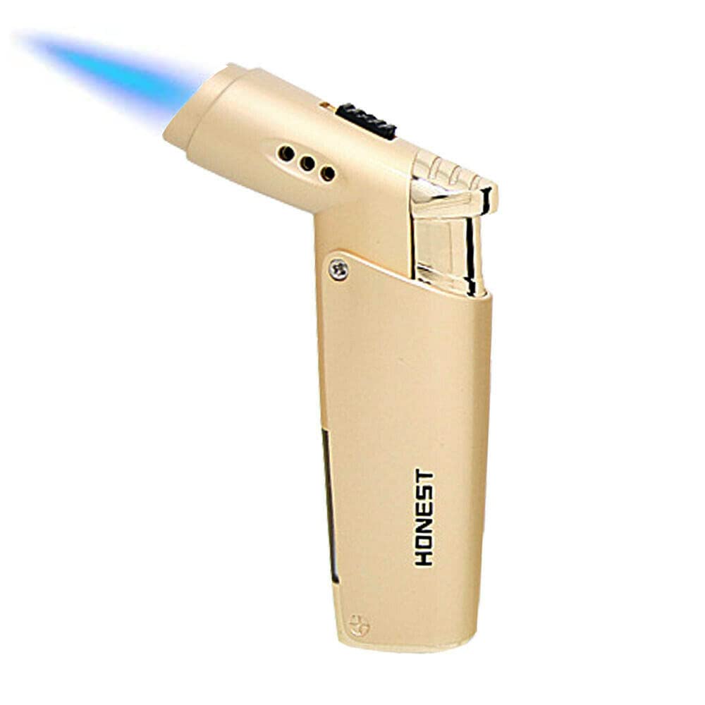 Single Jet Torch Cigar Lighter, Strong Flame Windproof Butane Fuel Cigarette Torch Lighter (Butane Gas Not Included) (Gold)