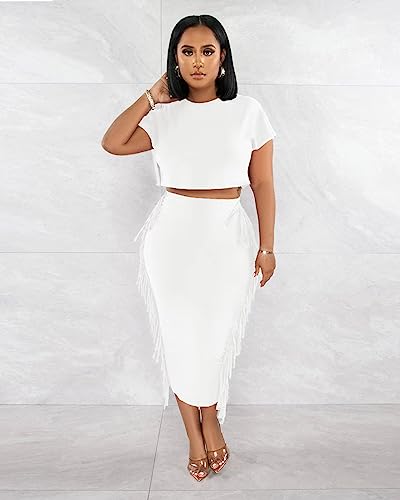 Image of YUEWOO 2 Piece Outfits for Women Sexy Crop Top Ruched Bodycon Maxi Dresses Fringe Skirt Sets Night Club Jumpsuits