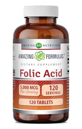 Amazing Formulas Folic Acid 5000 Mcg per Serving | Tablets Supplement | Non-GMO | Gluten-Free | Made in USA (1 Pack | 120 Count)