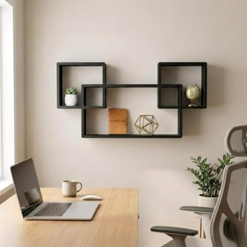 Image of Modern Geometric Floating Wall Shelf - Wall Mounted Decorative Display Shelves for Living Room, Bedroom & Office | Wooden Wall Shelf for Home Decor, Books, Plants & Showpieces (Black)