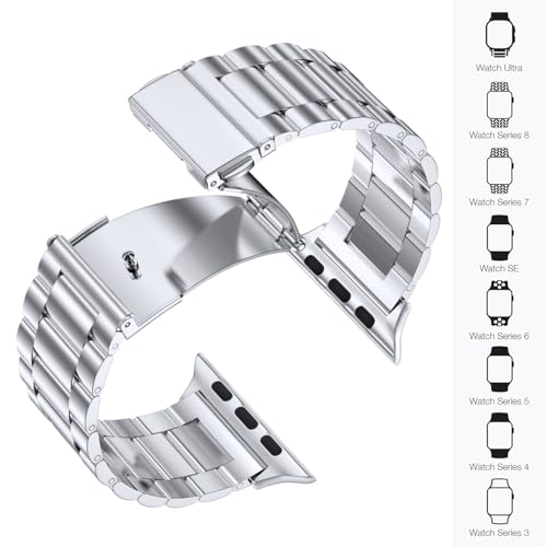 Image of EPULY Compatible with Apple Watch Band 42mm 44mm 45mm 38mm 40mm 41mm, Business Stainless Steel Metal Wristband for iWatch SE & Series 7 6 5 4 3 2 1 for Men Women (Silver, 41mm 40mm 38mm)