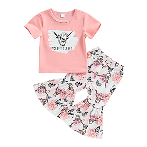 Image of 2Pcs Summer Newborn Outfits Toddler Baby Girl Clothes Cute Cow Head Short Sleeve T-Shirt Top and Flare Long Pants