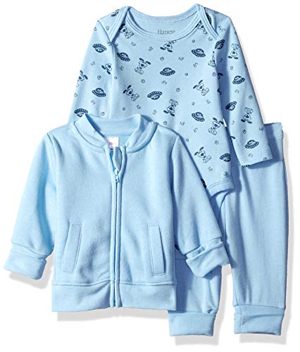Hanes Ultimate Baby Flexy Jogger with Long Sleeve Bodysuit and Fleece Jacket, Light Blue Fun, 6-12 Months