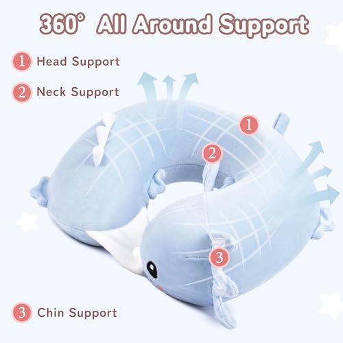 Image of Kids Travel Neck Pillow for Ages 3-8 with Memory Foam, Blue Axolotl | Removable cover, 13 in neck size, machine washable, hidden zipper, head and chin support, car seat and airplane use