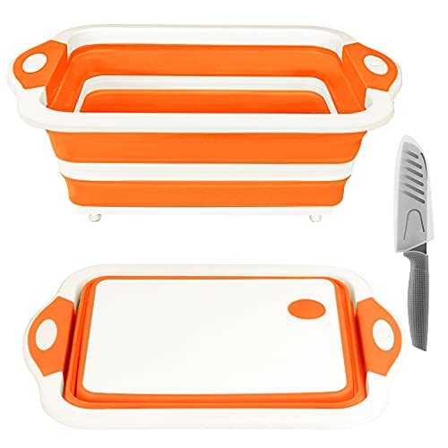 Rottogoon Collapsible Cutting Board, Foldable Chopping Board with Colander, Multifunctional Kitchen Vegetable Washing Basket Silicone Dish Tub for BBQ Prep/Picnic/Camping(Orange)