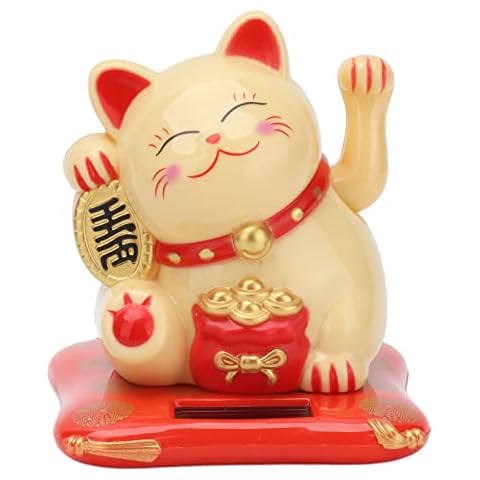 Feng Shui Lucky Cats Welcoming Cat Maneki Neko Solar Powered Cute Lucky Cat with Waving Arm Beckoning Waving Wealth Cat for Home Office Car 2.6"(Yellow) Cover