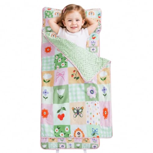 Image of Viviland Toddler Nap Mat, Rolled Sleeping Mats with Pillow and Minky Dot Blanket for Girls, Kids Slumber Bag Nap Mat for Preschool, Daycare, Kindergarten, Travel Camping - Patchwork Flower