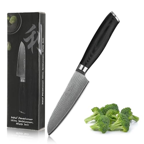 Wakoli Mikata Damast Santoku Messer klein I 12 cm Klinge aus 67 Lagen Damaststahl I Profi Küchenmesser mit Micarta Griff I Scharfes Allzweckmesser in...