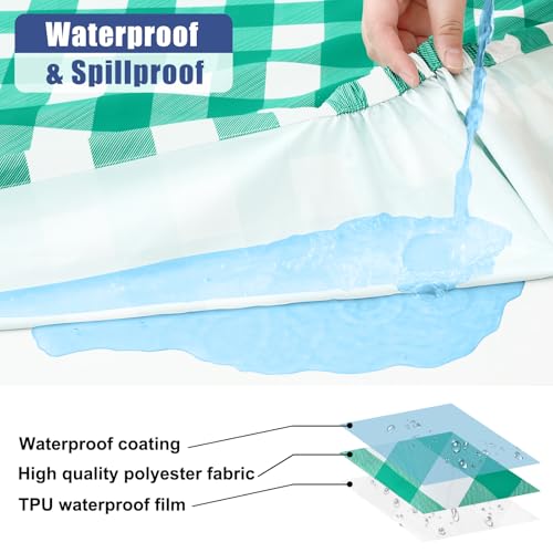 Smiry Picnic Table Cover with Bench Covers, Waterproof Elastic Fitted Tablecloths for 6 Foot Rectangle Tables, Washable Buffalo Plaid Tablecloth for Camping, Outdoor (Green & White, 30"x72")