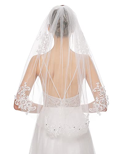 Lismyakey Bridal Wedding Veil Short Bridal Veil with Hair Comb Single-Layer lace Applique with Diamonds Wedding Veil (White)