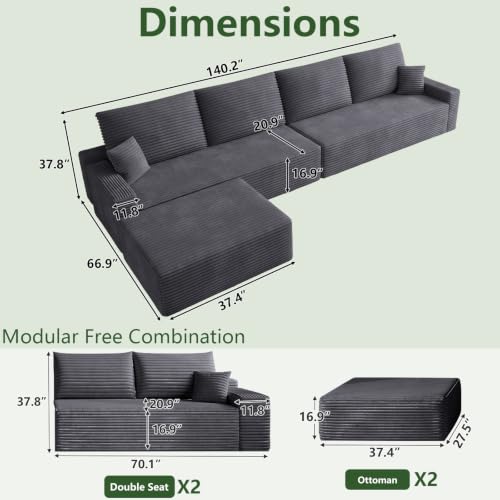 Image of Oversized Modular Sectional Sofa Couch,Large 5 Seater Corner Sofa Modern U Shaped Sectional Couch with Ottoman Cloud Couches for Living Room,Office,Spacious Space,Corduroy,No Assembly,Dark Grey