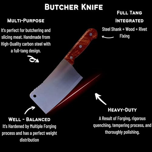 Image of Heavy Duty Meat Cleaver Knife (27.5cm) - Stainless Steel Sharp Butcher Chopper with Wooden Handle for Bone, Mutton & Chicken Cutting - Kitchen & Home Use