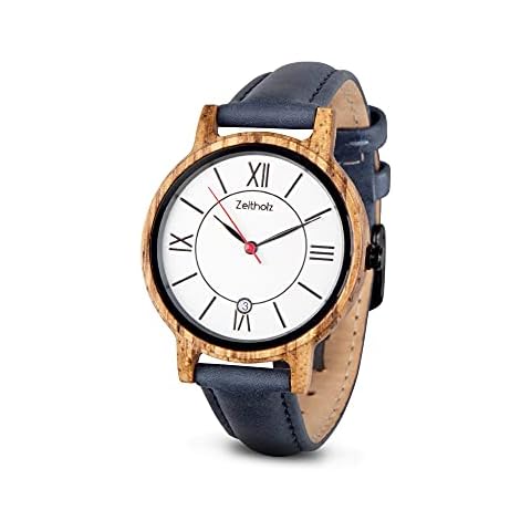 Zeitholz Wooden Watch Women, Wooden Watch, Gifts, Analog Watch, Date, New Rosenbach Collection 36mm, Natural Wood, Japanese Quartz Movement, Leather Strap. (White) Cover