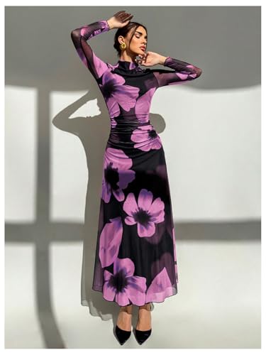 Image of Verdusa Women's Floral Wedding Guest Dress Long Sleeve Mesh Slimming Cocktail Vacation Maxi Dresses