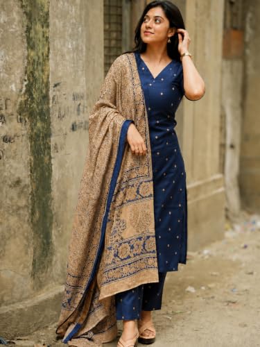 Image of GoSriKi Kurta Set Women Viscose Printed | Kurti Set Woman | Kurta Pant Dupatta 3 Piece Outfit | V-Neck Elbow Length Sleeve Straight Fit Ethnic Wear Ladies Dress Stylish Traditional Clothing