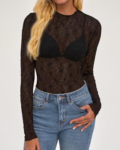 BTFBM Lace Tops for Women 2025 See Through Mesh Top Crew Neck Long Sleeve Fitted Sheer Party Club Outfits Fall Fashion2