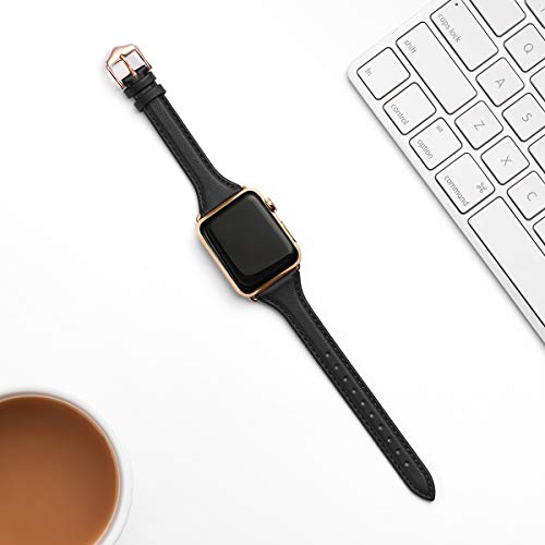 WFEAGL Leather Bands Compatible with Apple Watch Band 38mm 40mm 41mm Women, Top Grain Leather Strap Slim & Thin Replacement Wristband for iWatch SE & Series 9 8 7 6 5 4 3 2 1 (Black/Gold) - Thumbnail 3