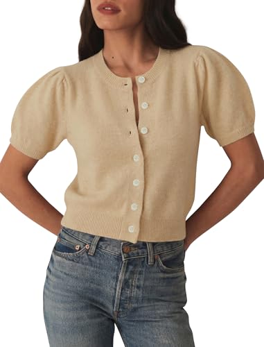 Image of Womens Puff Short Sleeve Cardigan Sweaters Cropped Button up Lightweight Y2k Knit Summer Cardigans