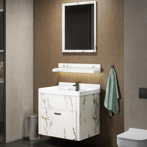Image of WASSMIST Bathroom Vanity Washbasin Cabinet with Mirror & Shelf | Wall Mounted Wash Basin with Cabinet Full Set | Waterproof & Unbreakable (White)