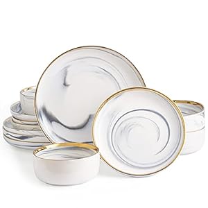 Dinnerware Sets, Marble Gold Line Plates and Bowls Sets Stoneware Dishes Set For 4, 12 Piece White Grey Marble Porcelain Round Dinner Dish Sets