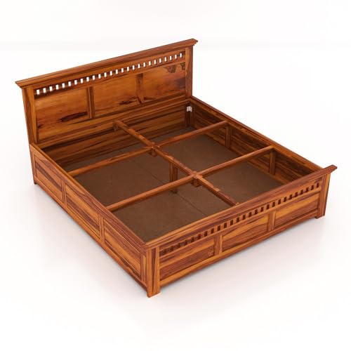 Image of Sheesham Wood Adolph King Size Bed with Box Storage for Bedroom Living Room Wooden Double Bed Palang (Honey Finish)