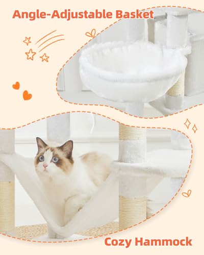Image of Taoqimiao Cat Tree, 67-Inch Cat Tower for Indoor Cats, Plush Multi-Level Cat Condo with 12 Scratching Posts, 2 Perches, 2 Caves, Hammock, 2 Pompoms, Cream White MS013C