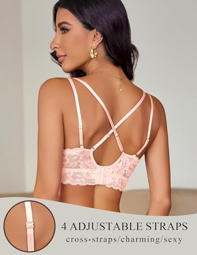 Image of Avidlove Bras for Women Floral Lace Bralettes Deep V Sexy Bras Cross Back Longline Bralette No Padded